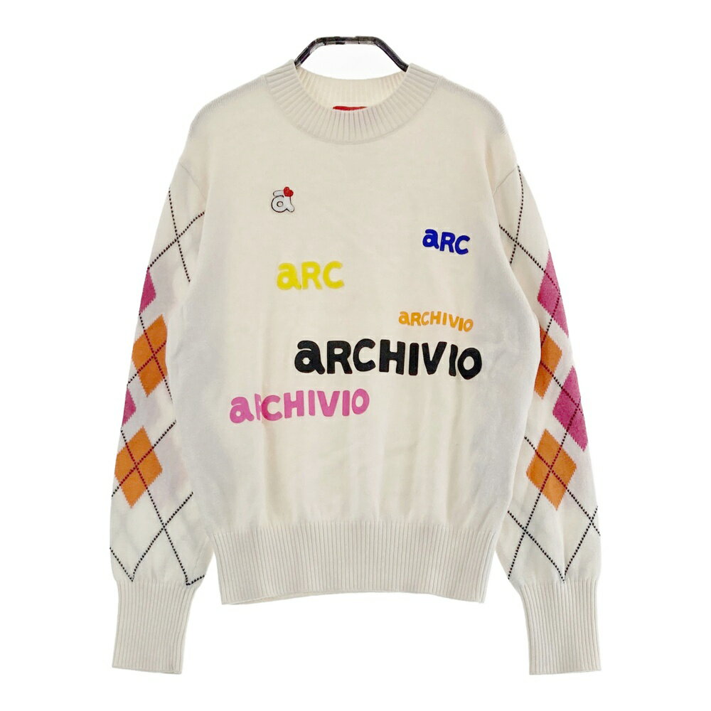 ARCHIVIO アルチビオ モックネック ニットセーター ロゴ アーガイル柄 ホワイト系 3 【中古】ゴルフウェア レディース