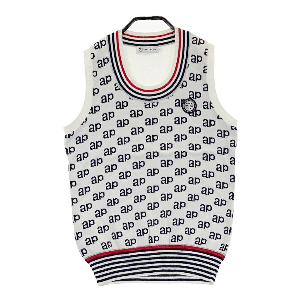 AND PER SE アンパスィ ニットベスト ロゴ総柄 ホワイト系 M 【中古】ゴルフウェア レディース