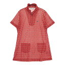 BLACK&WHITE ブラックアンドホワイト ハーフジップ半袖Tシャツ チュニック 総柄 レッド系 L 【中古】ゴルフウェア レディース
