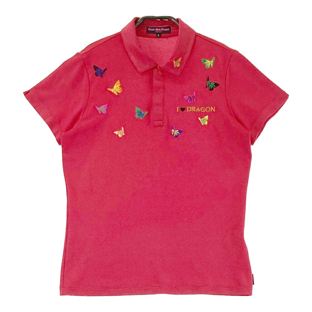 DANCE WITH DRAGON ダンスウィズドラゴン 半袖ポロシャツ 蝶刺繍 レッド系 2 【中古】ゴルフウェア レ..