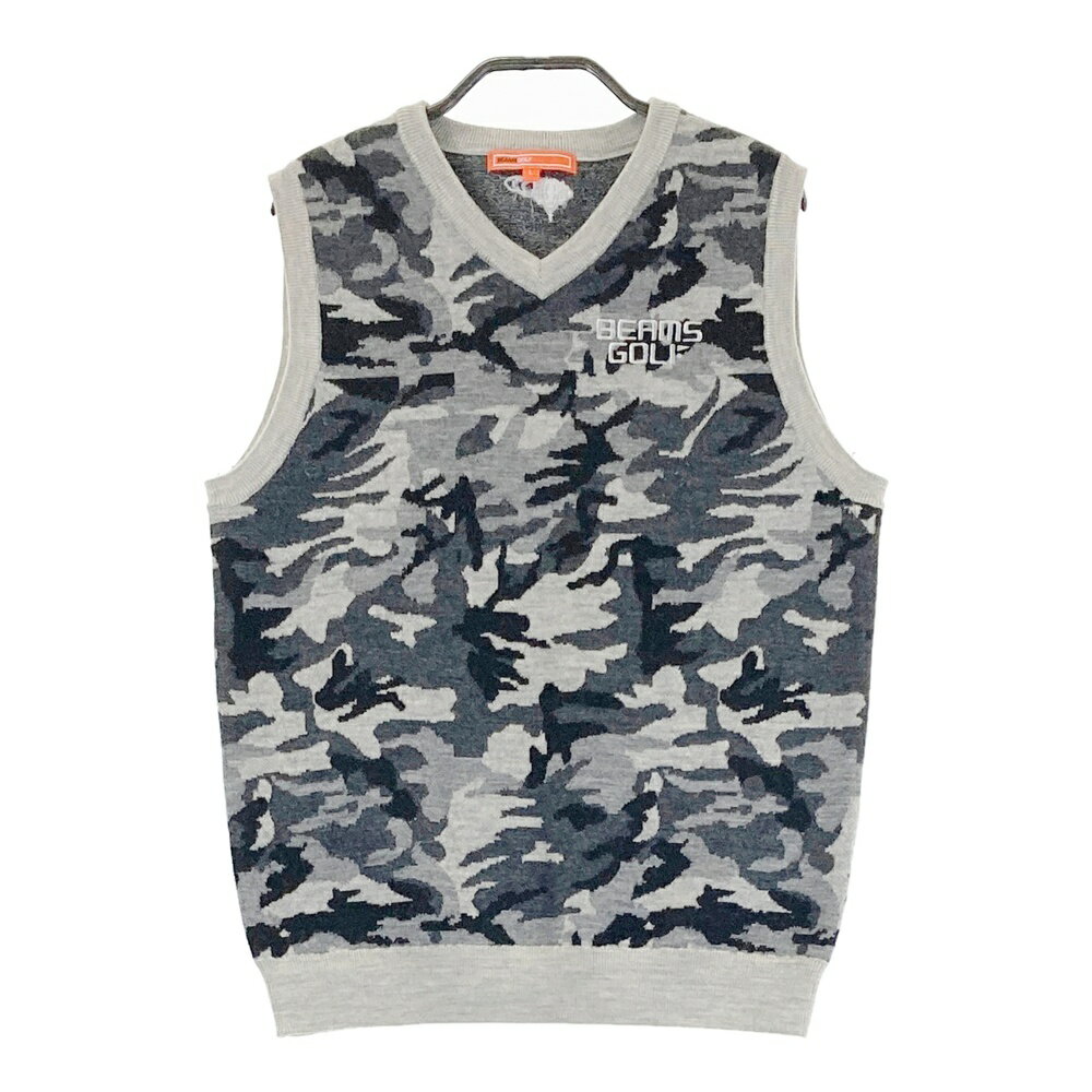 BEAMS GOLF ビームスゴルフ ウール Vネック ニットベスト カモフラ 迷彩柄 グレー系 L 【中古】ゴルフウェア レディース
