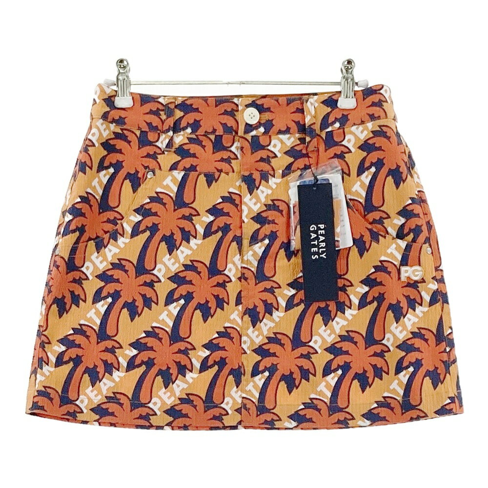 PEARLY GATES パーリーゲイツ ;055-1234606 スカート シアサッカー ヤシの木総柄 オレンジ系 0 【中古..