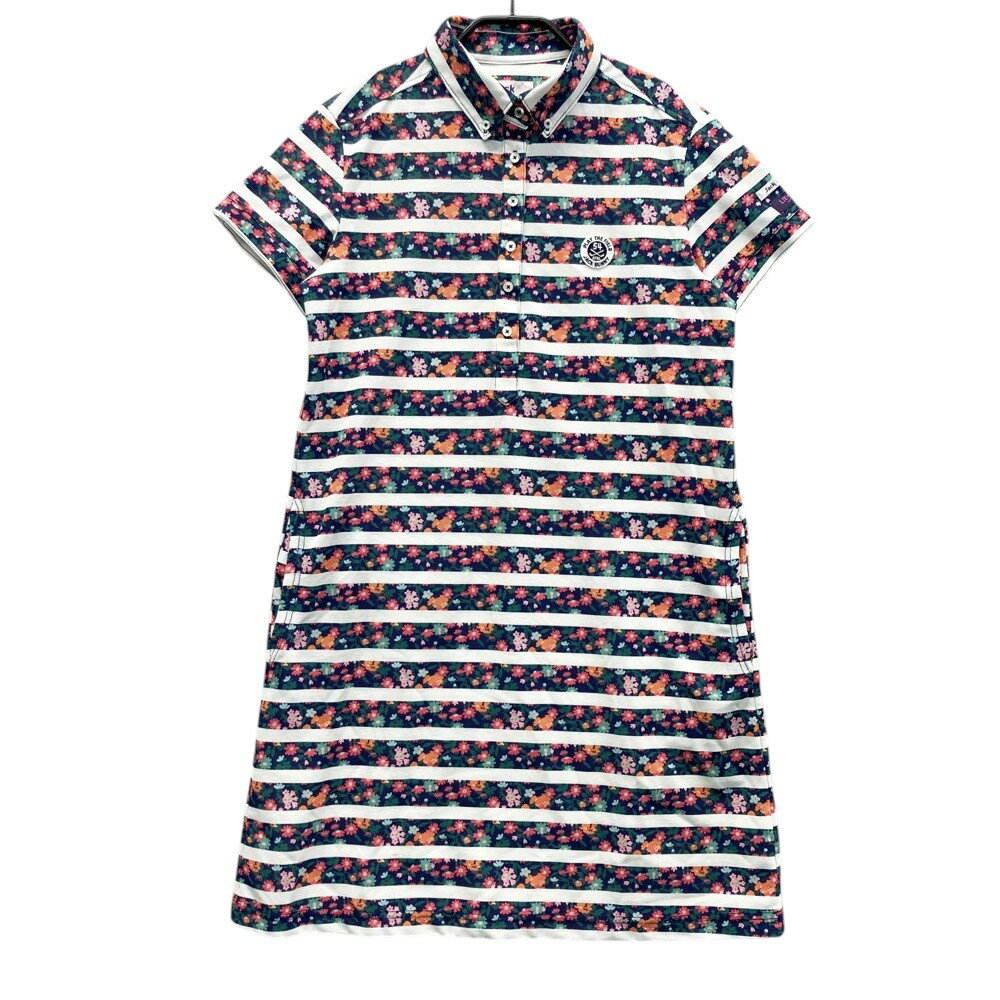 JACK BUNNY ジャックバニー × LIBERTY 半袖 ポロワンピース 花 ボーダー柄 ネイビー系 2 【中古】ゴルフウェア レディース