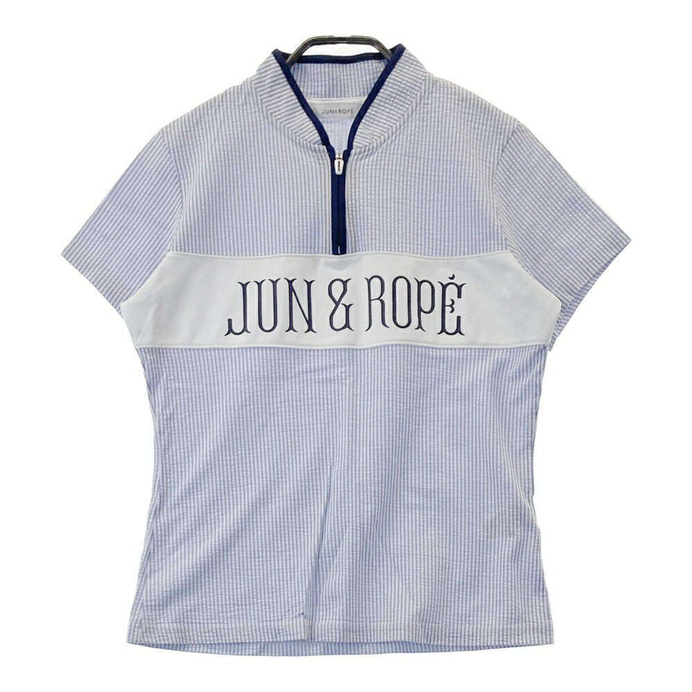 JUN&ROPE ジュン アンド ロペ シアサッカー ハーフジップ半袖Tシャツ ストライプ柄 ブルー系 L 【中古】ゴルフウェア レディース