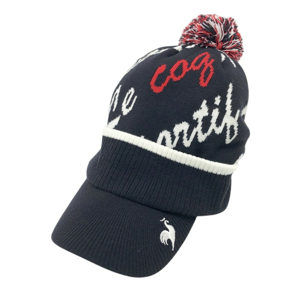 LE COQ GOLF ルコックゴルフ ニットキャップ ボンボン付 ロゴ 総柄 ネイビー系 55-57CM 【中古】ゴルフウェア