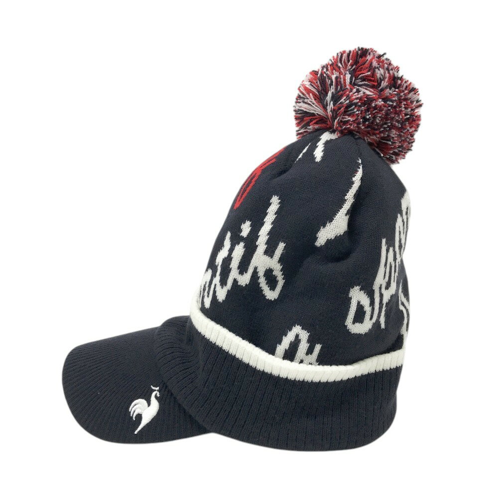 LE COQ GOLF ルコックゴルフ ニットキャップ ボンボン付 ロゴ 総柄 ネイビー系 55-57CM 【中古】ゴルフウェア