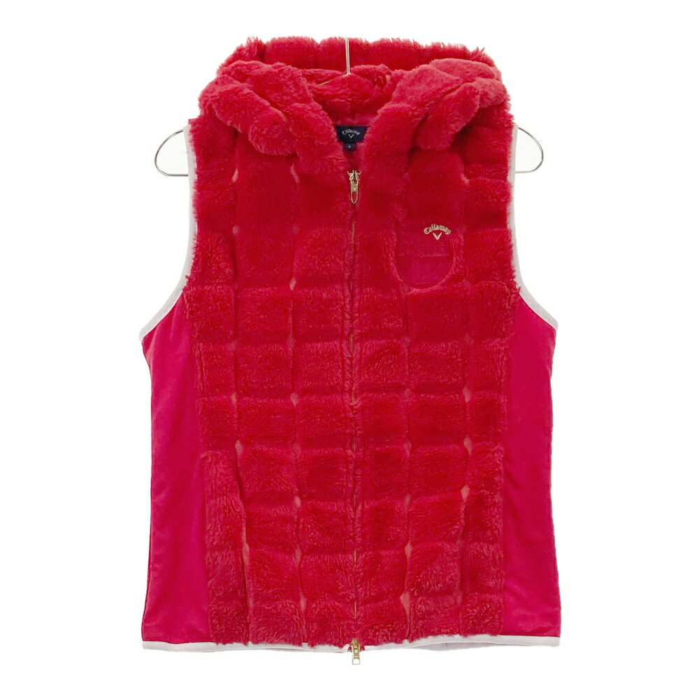 CALLAWAY キャロウェイ フード付ボアジップベスト 切替 車柄 レッド系 L 【中古】ゴルフウェア レディース