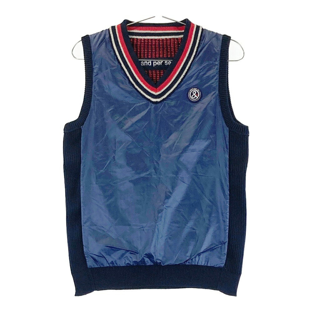 AND PER SE アンパスィ リバーシブル ニットベスト ナイロン切替 総柄 ネイビー系 【中古】ゴルフウェア レディース