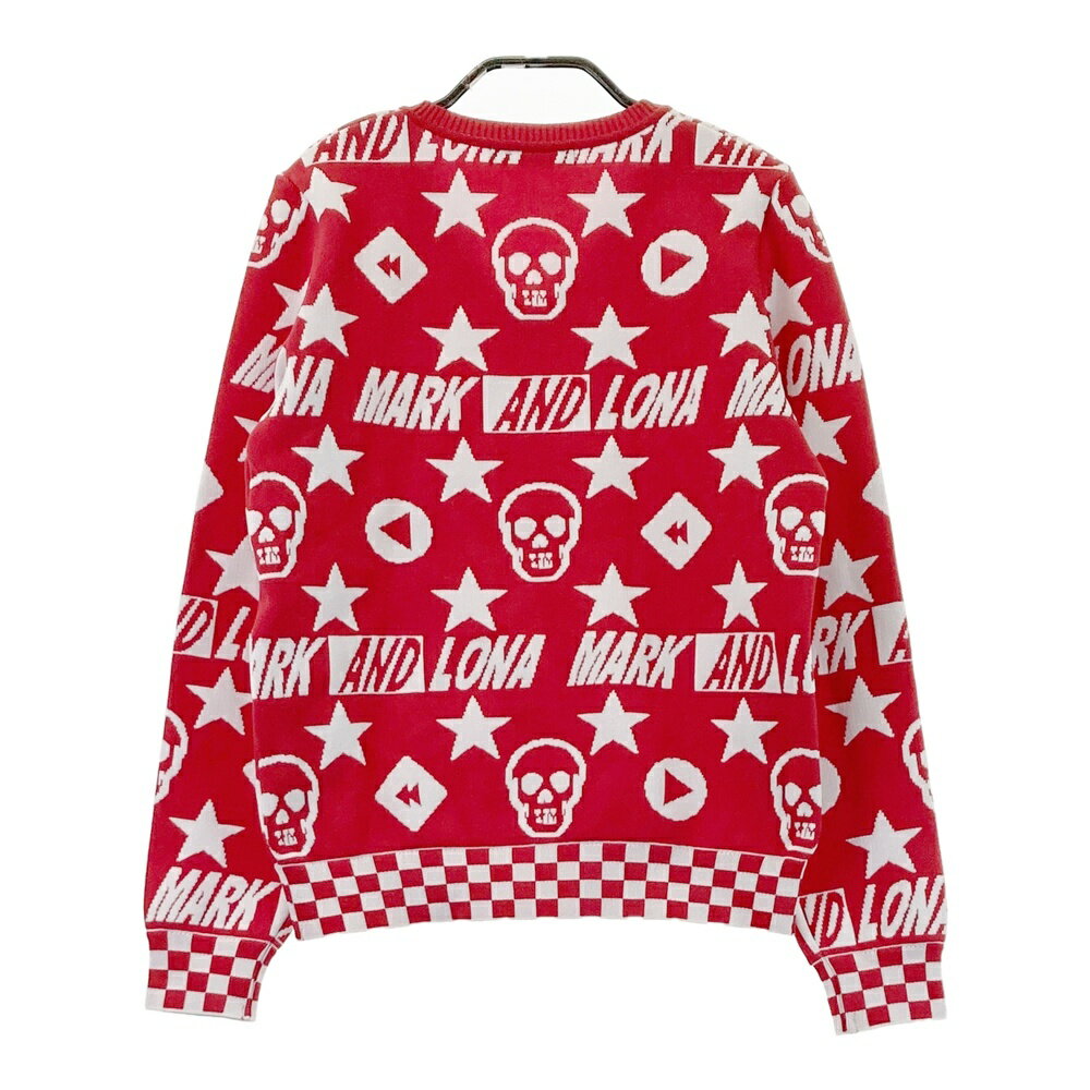 MARK&LONA マークアンドロナ Vネック ニットセーター 総柄 レッド系 36 【中古】ゴルフウェア レディース