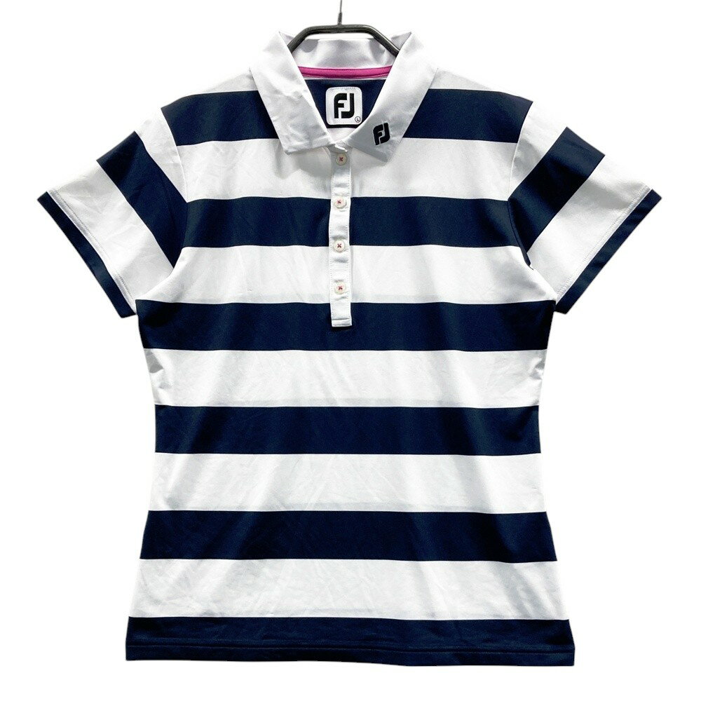 FOOT JOY フットジョイ 半袖ポロシャツ ロゴ刺繍 ボーダー柄 ネイビー系 L 【中古】ゴルフウェア レディース