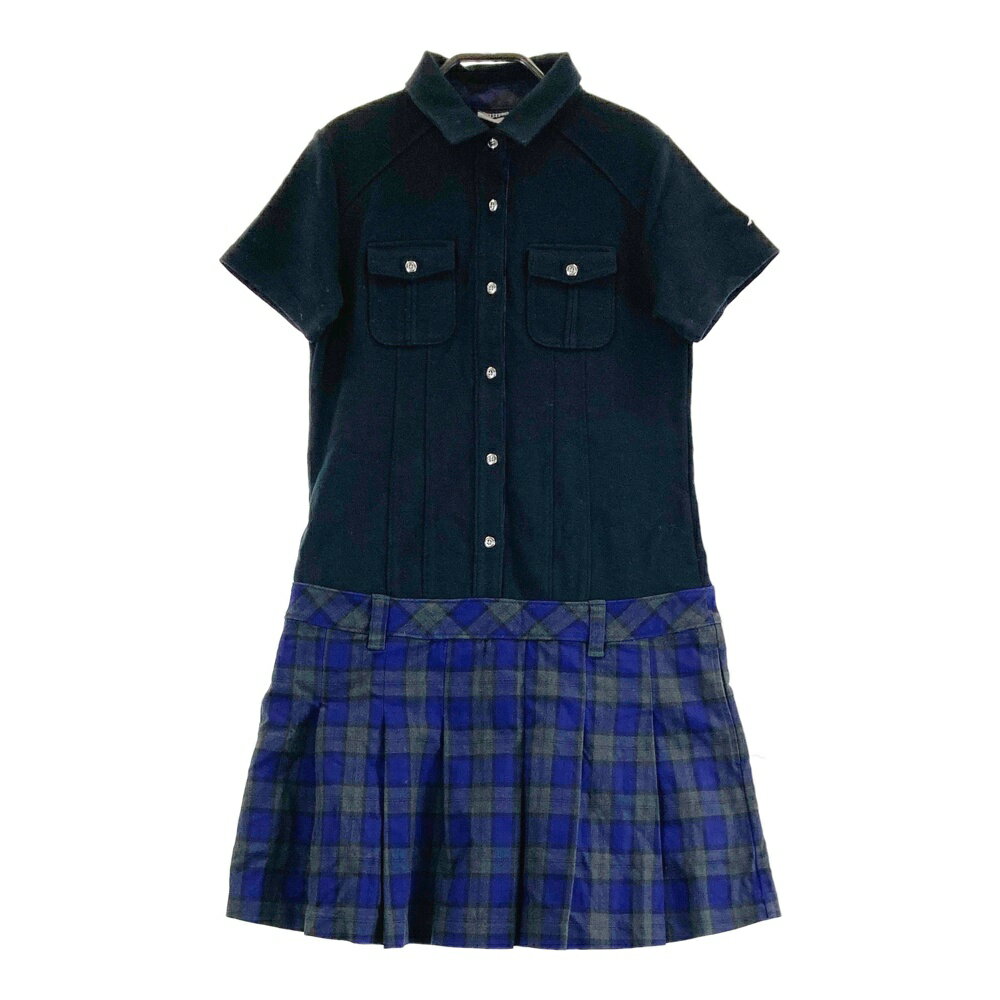 KAPPA GOLF カッパゴルフ ウール混 半袖ワンピース チェック柄 ネイビー系 M 【中古】ゴルフウェア レディース