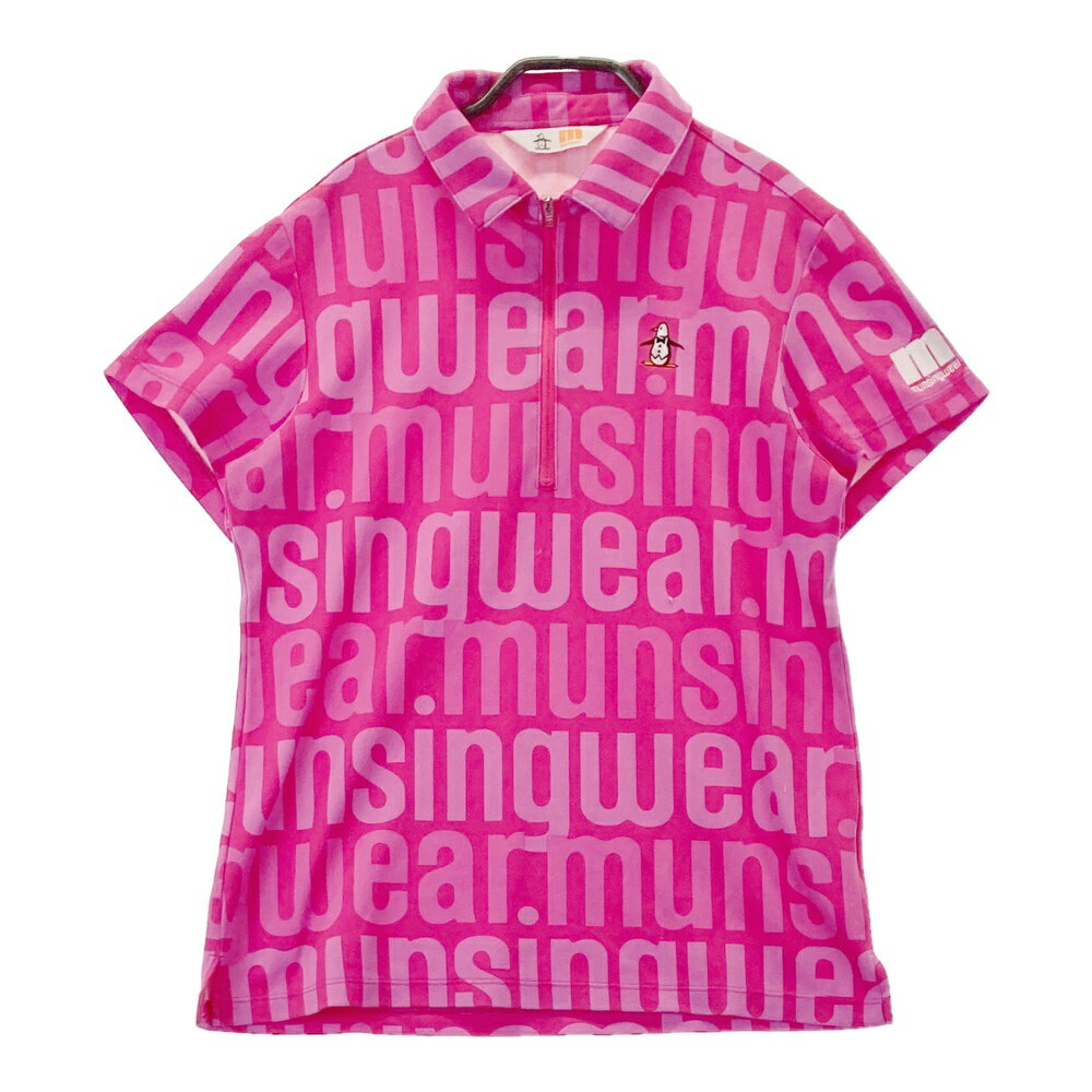 MUNSING WEAR マンシングウェア ハーフジップ 半袖ポロシャツ 総柄 ピンク系 L 【中古】ゴルフウェア レディース