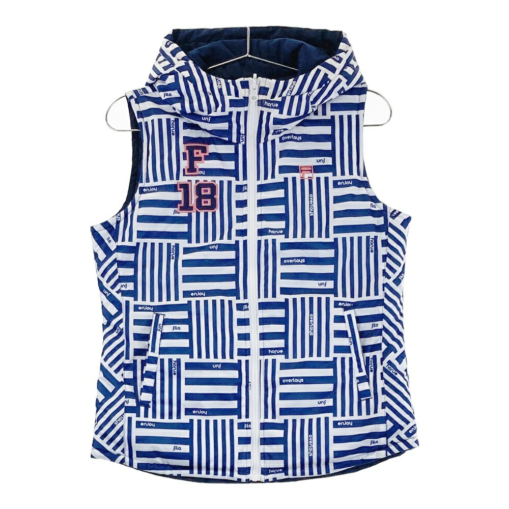 FILA GOLF フィラゴルフ ; フード付 リバーシブル 中綿 ジップベスト 総柄 ネイビー系 M 【中古】ゴルフウェア レディース