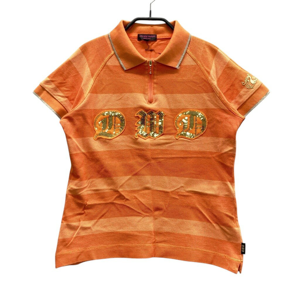 DANCE WITH DRAGON ダンスウィズドラゴン ハーフジップ 半袖ポロシャツ ボーダー柄 オレンジ系 2 【中古】ゴルフウェア レディース