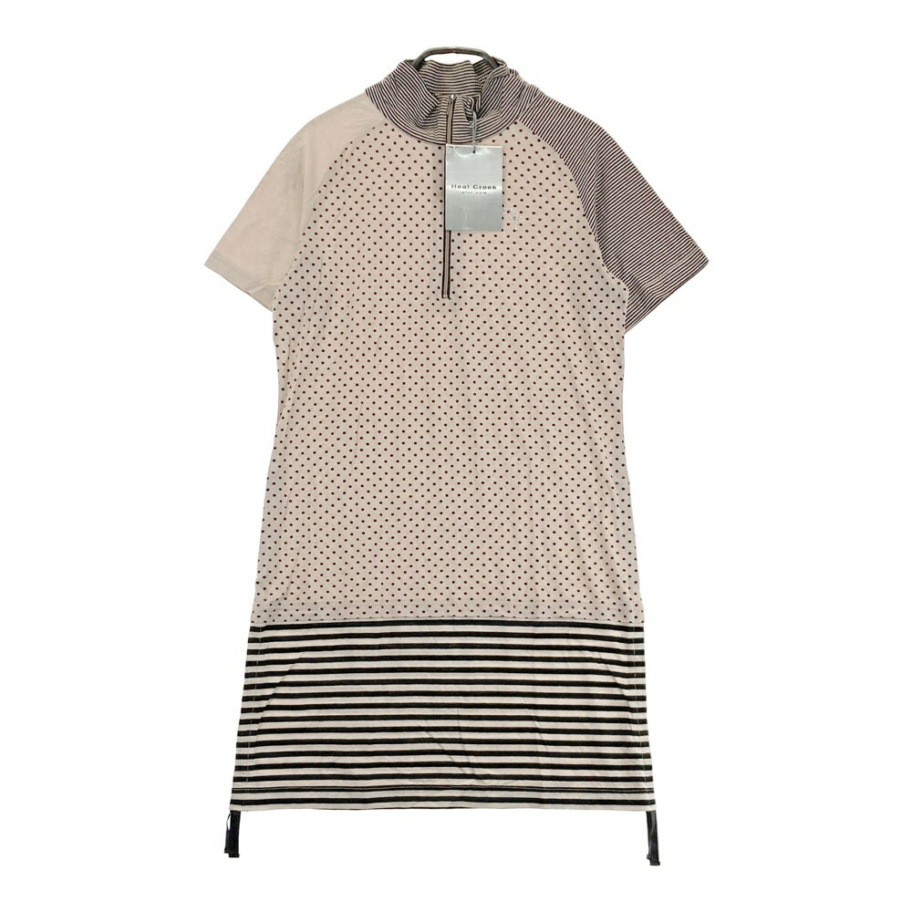 HEAL CREEK ヒールクリーク ハーフジップ 半袖ワンピース ドット×ボーダー柄 ベージュ系 40 【中古】ゴルフウェア レディース