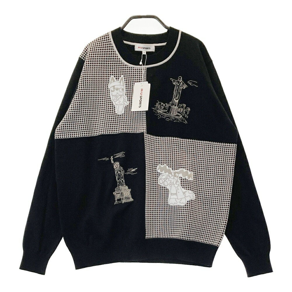 M.U SPORTS エムユースポーツ ワッペン付き 長袖ニットセーター ブラック系 44 【中古】ゴルフウェア ..