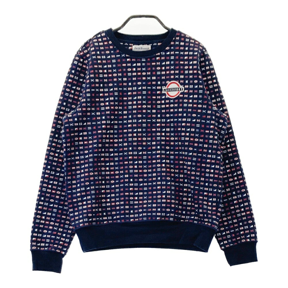 JACK BUNNY ジャックバニー 裏ボアフリース 長袖トレーナー 国旗プリント 総柄 ネイビー系 1 【中古】..