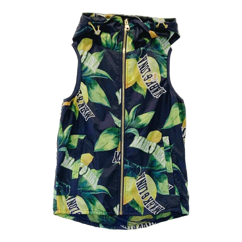 MARK&LONA マークアンドロナ フード付き 裏メッシュ ジップベスト レモン柄 ネイビー系 S 【中古】ゴルフウェア レディース