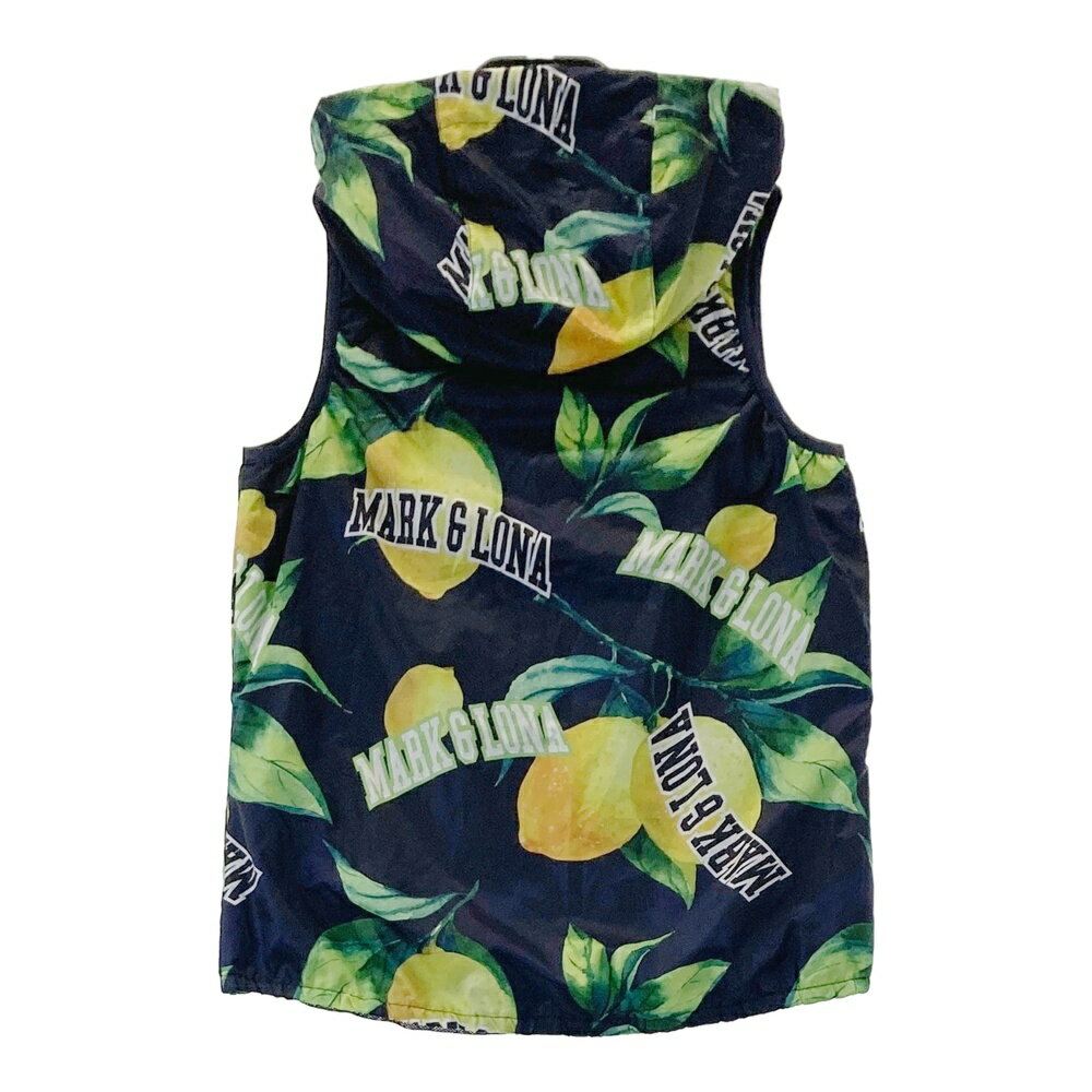 MARK&LONA マークアンドロナ フード付き 裏メッシュ ジップベスト レモン柄 ネイビー系 S 【中古】ゴルフウェア レディース