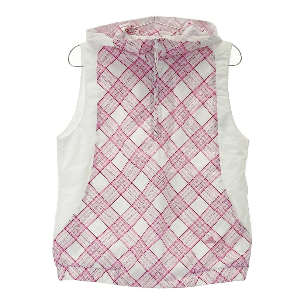 ADIDAS GOLF アディダスゴルフ J0069 フード付 ハーフジップ中綿ベスト チェック柄 ピンク系 L 【中古..