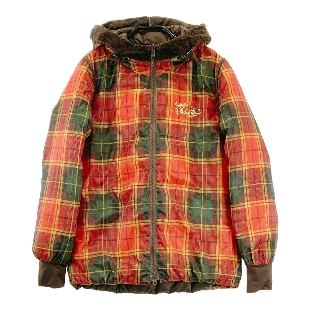 DANCE WITH DRAGON ダンスウィズドラゴン 2WAY リバーシブル ダウンジャケット チェック柄 レッド系 2 【中古】ゴルフウェア レディース