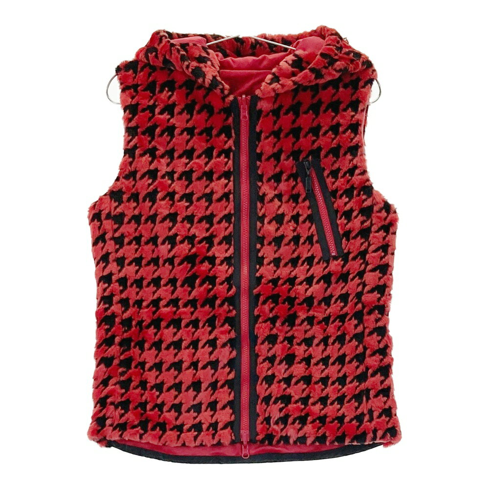 DANCE WITH DRAGON ダンスウィズドラゴン フード付 リバーシブル ボア ジップベスト 千鳥柄 レッド系 2..