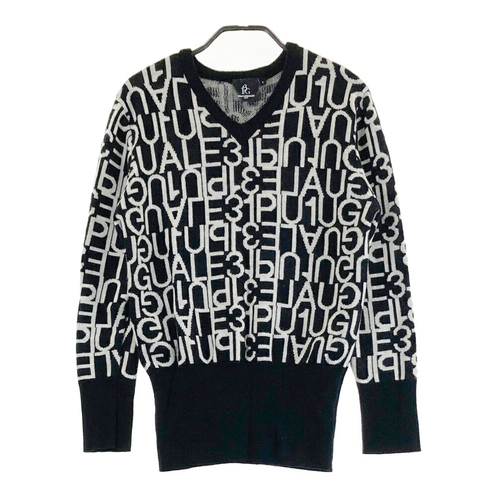 1PIU1UGUALE3 GOLF GSK018 ウール Vネック ニットセーター ロゴ 総柄 ブラック系 2 【中古】ゴルフウェア レディース