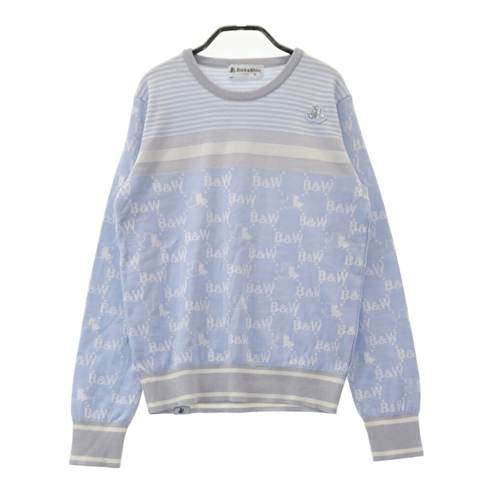 BLACK&WHITE ブラックアンドホワイト 長袖 ニットセーター 総柄 ブルー系 M 【中古】ゴルフウェア レディース