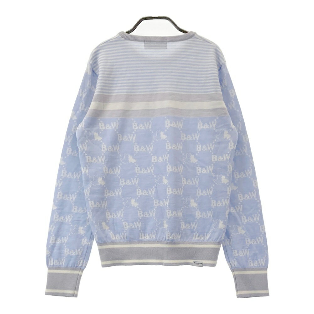 BLACK&WHITE ブラックアンドホワイト 長袖 ニットセーター 総柄 ブルー系 M 【中古】ゴルフウェア レディース
