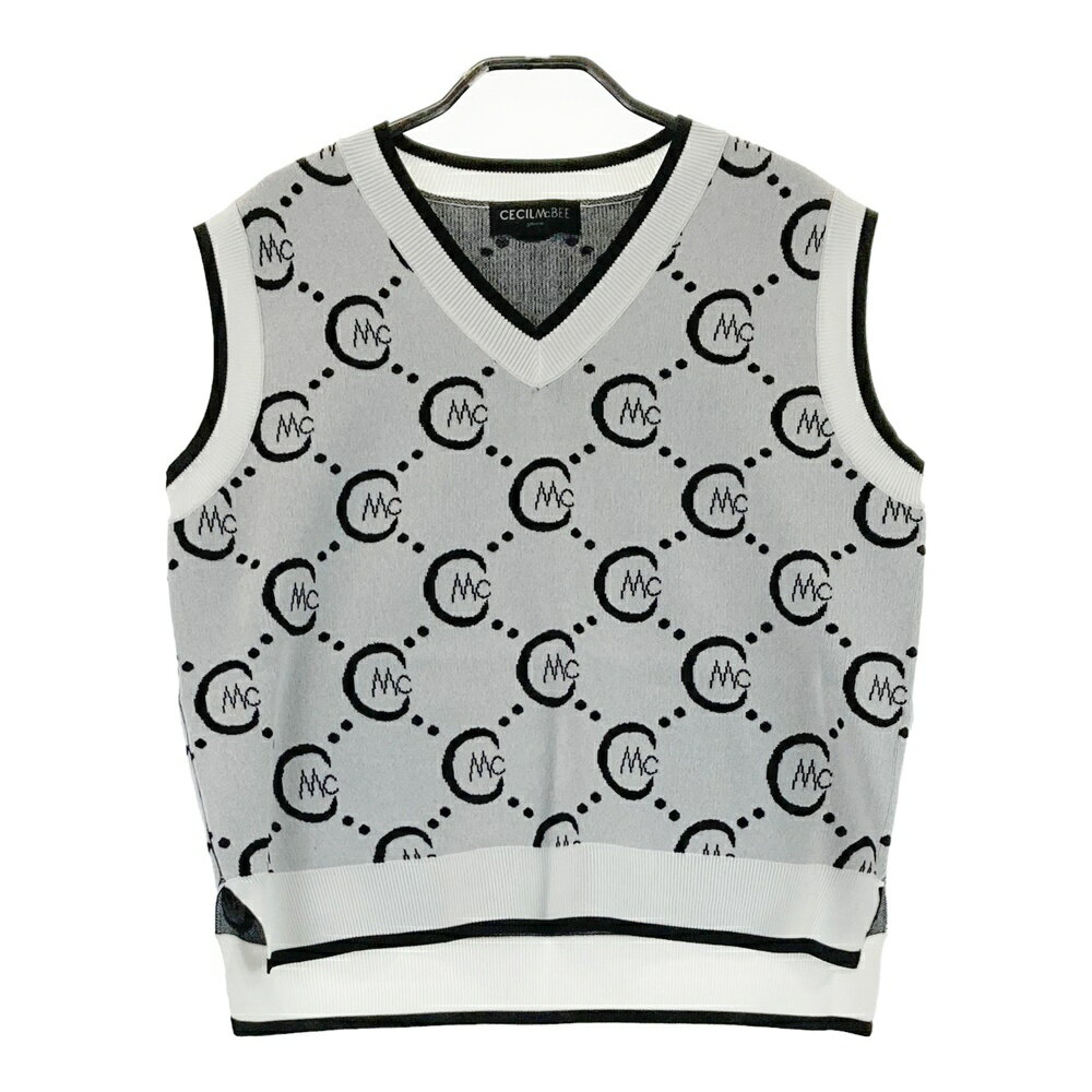 CECIL McBEE green セシルマクビーグリーン Vネック ニットベスト ロゴ 総柄 ホワイト系 2 【中古】ゴ..