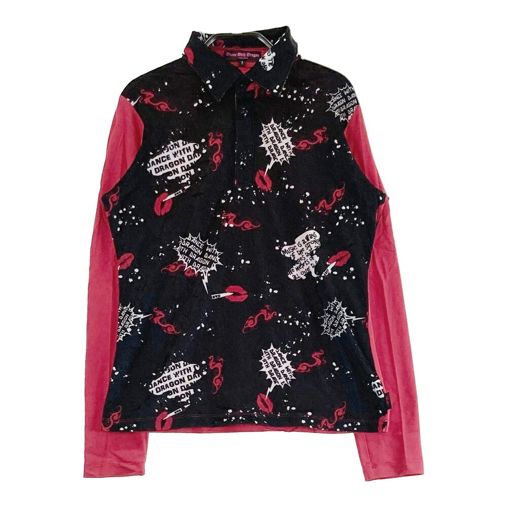 DANCE WITH DRAGON ダンスウィズドラゴン 切替 長袖ポロシャツ 総柄 レッド系 2 【中古】ゴルフウェア レディース