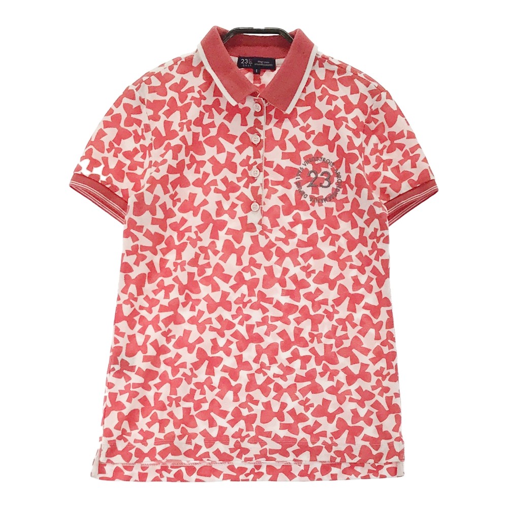 23区GOLF ニジュウサンクゴルフ LM0338 半袖ポロシャツ 刺繍 リボン 総柄 ピンク系 1 【中古】ゴルフウ..