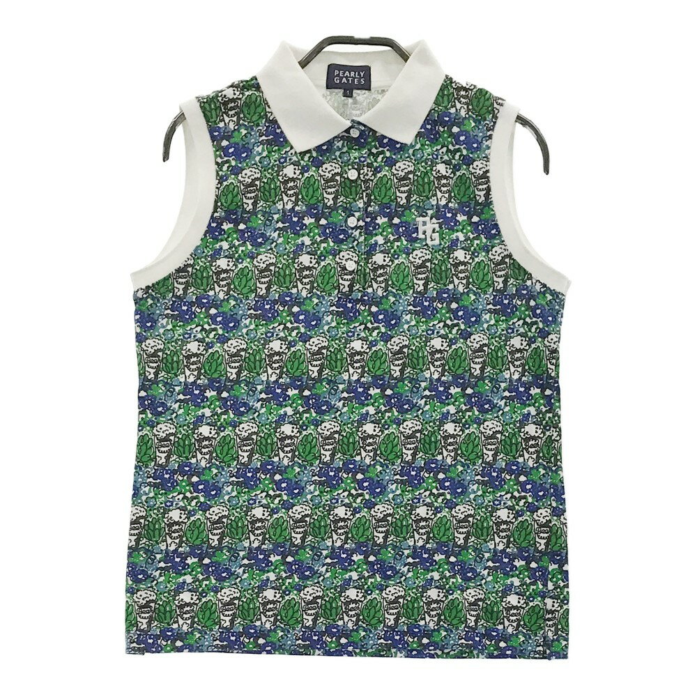 PEARLY GATES パーリーゲイツ ノースリーブポロシャツ ビール 花 総柄 グリーン系 1 【中古】ゴルフウ..