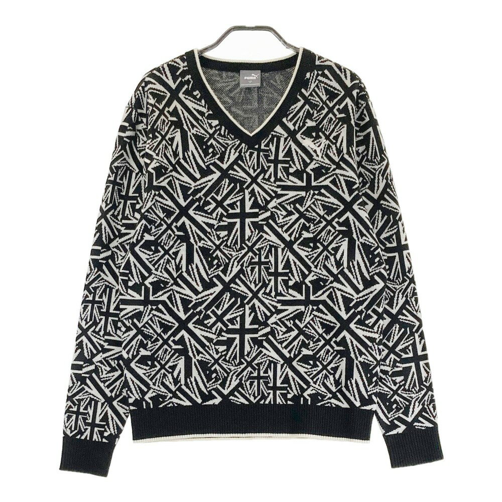 PUMA GOLF プーマゴルフ ウール混 ニットセーター ユニオンジャック 総柄 ブラック系 M 【中古】ゴルフウェア メンズ