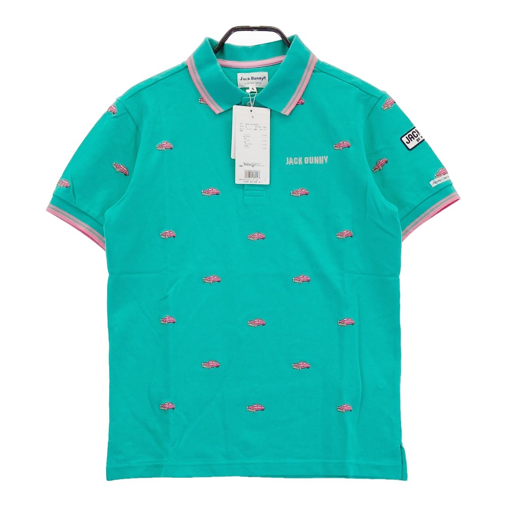 JACK BUNNY ジャックバニー 半袖 ポロシャツ　刺繍 車 総柄 グリーン系 4 【中古】ゴルフウェア メンズ