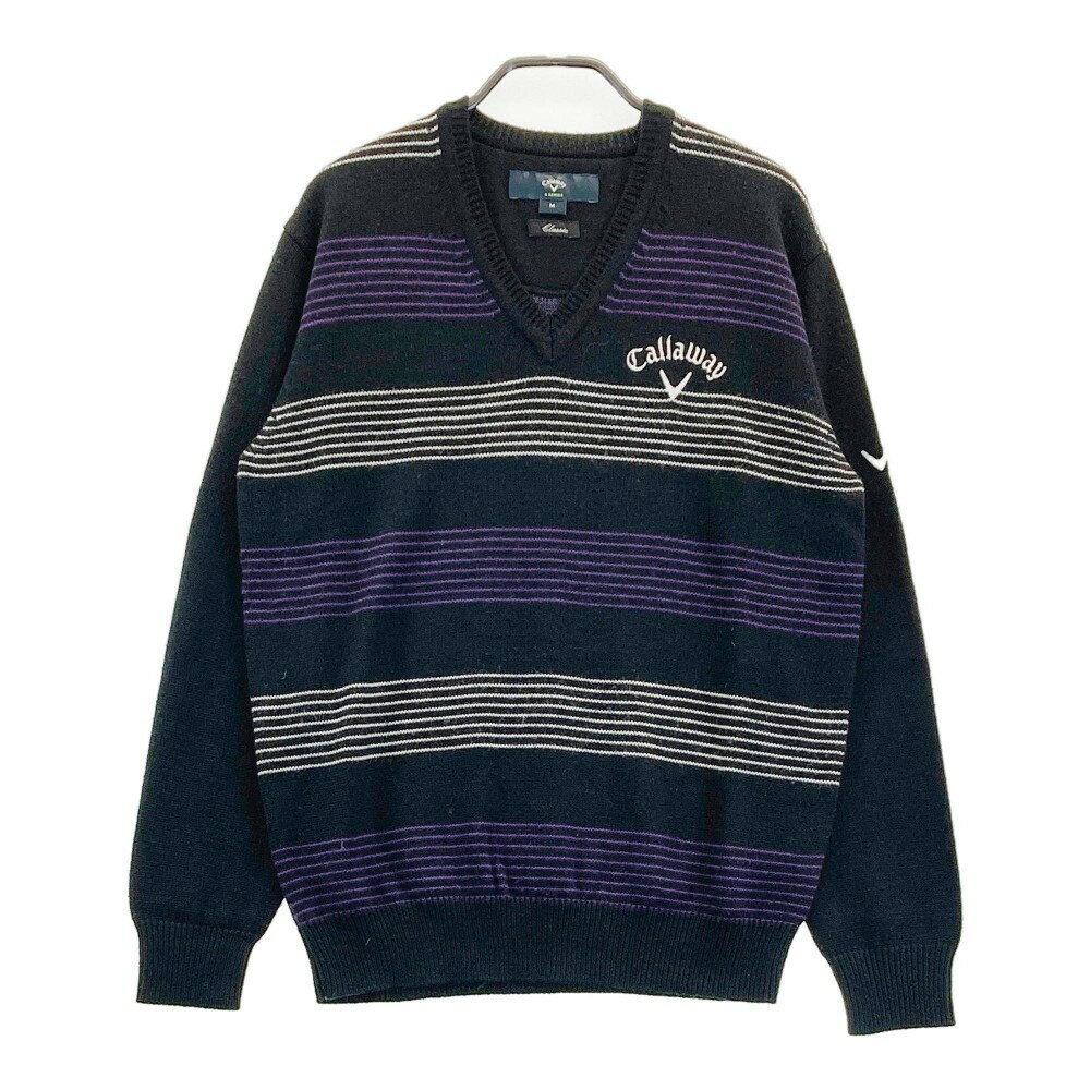 CALLAWAY キャロウェイ Vネック ウール混ニットセーター ボーダー柄 ブラック系 M 【中古】ゴルフウェア メンズ