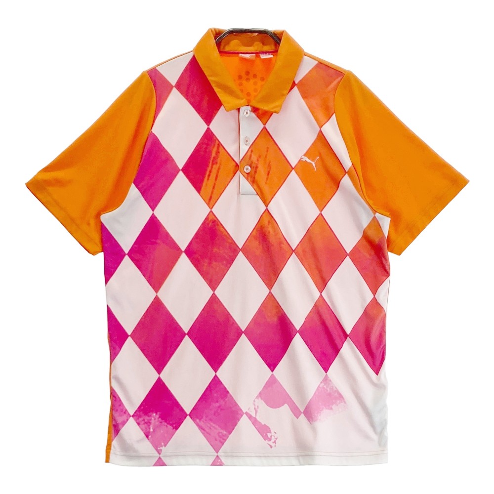 PUMA GOLF プーマゴルフ 半袖ポロシャツ ダイヤ柄 オレンジ系 L 【中古】ゴルフウェア メンズ