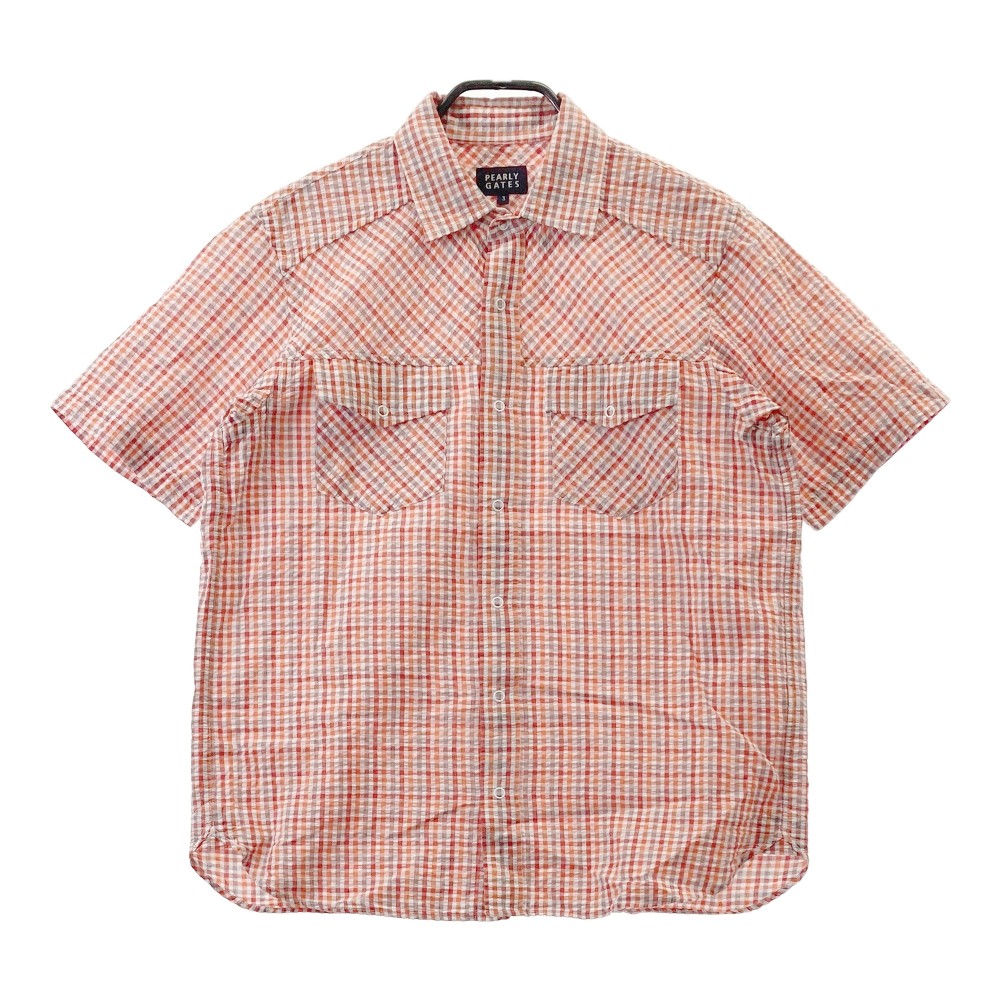 PEARLY GATES パーリーゲイツ 半袖シャツ シアサッカー チェック柄 オレンジ系 3 【中古】ゴルフウェア メンズ