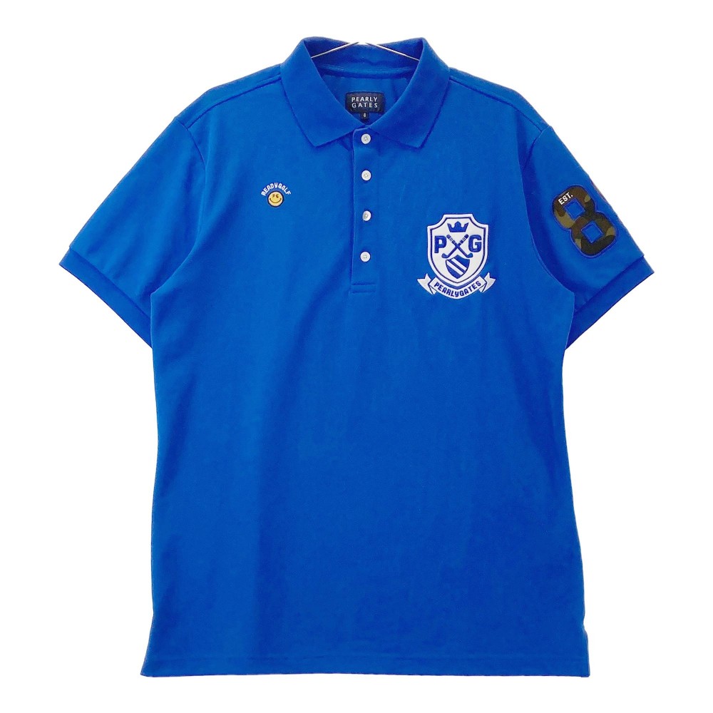 PEARLY GATES パーリーゲイツ 半袖ポロシャツ ニコちゃん ワッペン ブルー系 6 【中古】ゴルフウェア メンズ