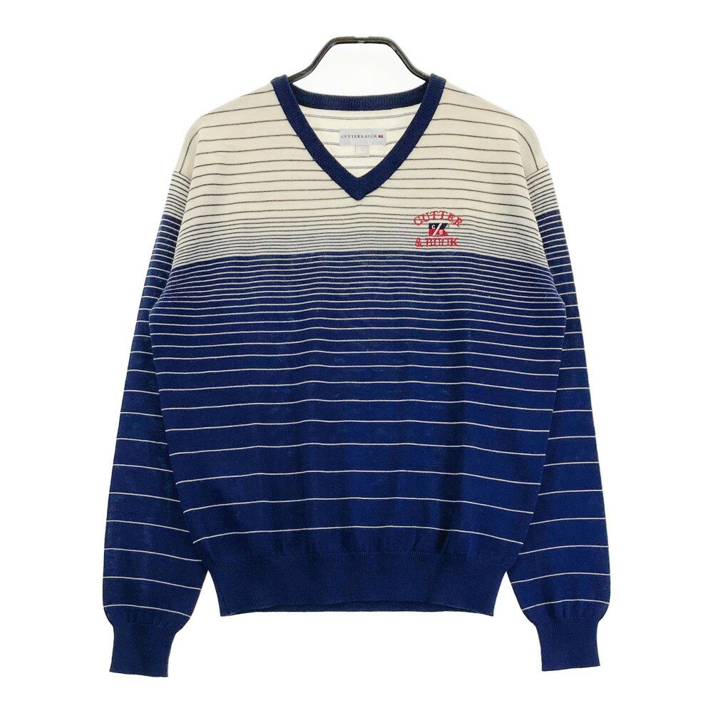 CUTTER&BUCK カッターアンドバック Vネック 長袖ニットセーター ボーダー柄 ネイビー系 L 【中古】ゴルフウェア メンズ