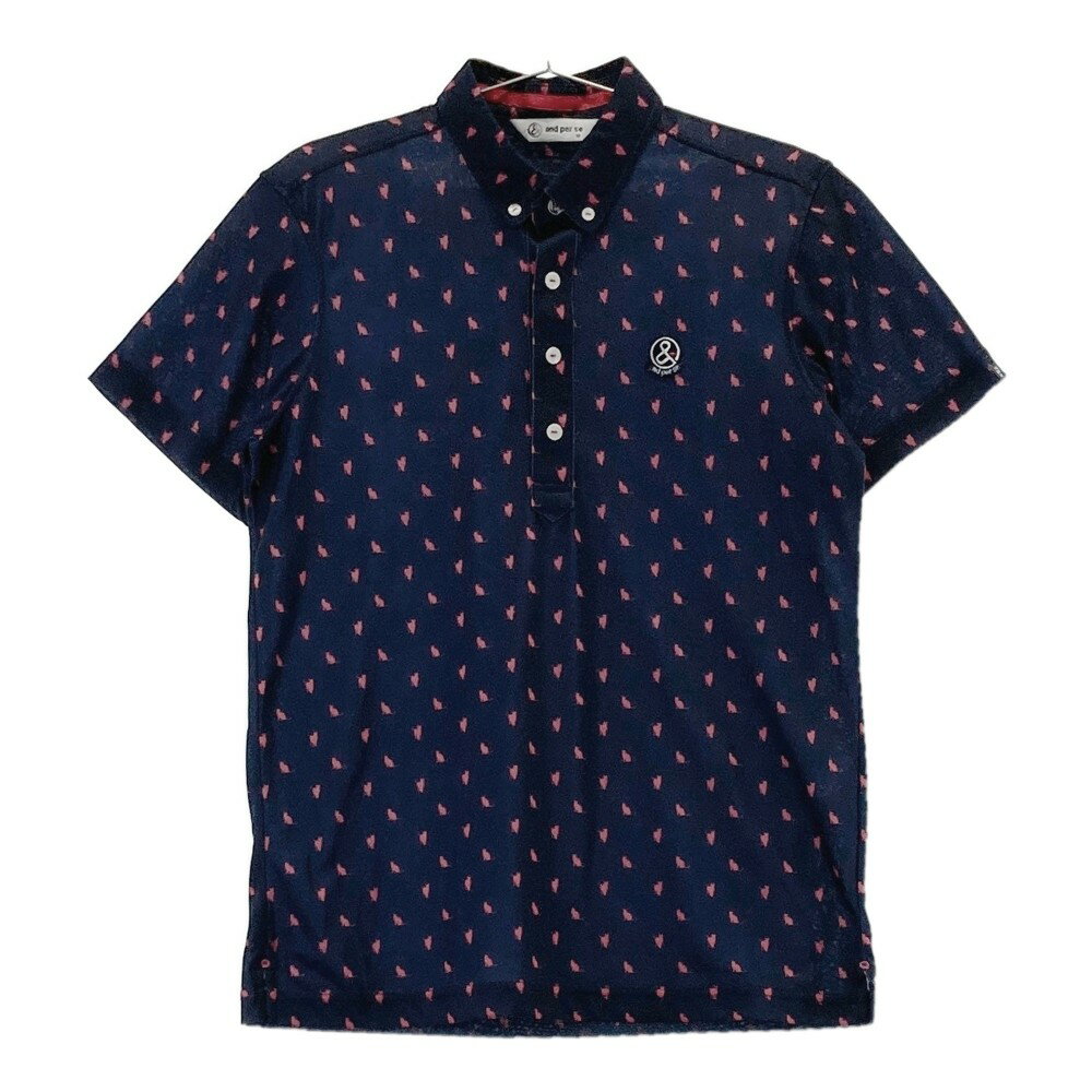 AND PER SE アンパスィ 半袖ポロシャツ 猫 総柄 ネイビー系 M 【中古】ゴルフウェア メンズ