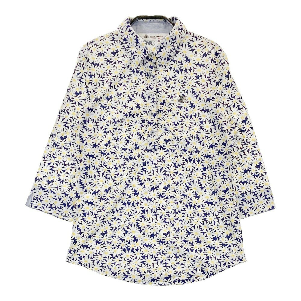 BLACK&WHITE ブラックアンドホワイト 七分袖ポロシャツ 花 総柄 ホワイト系 M 【中古】ゴルフウェア メンズ