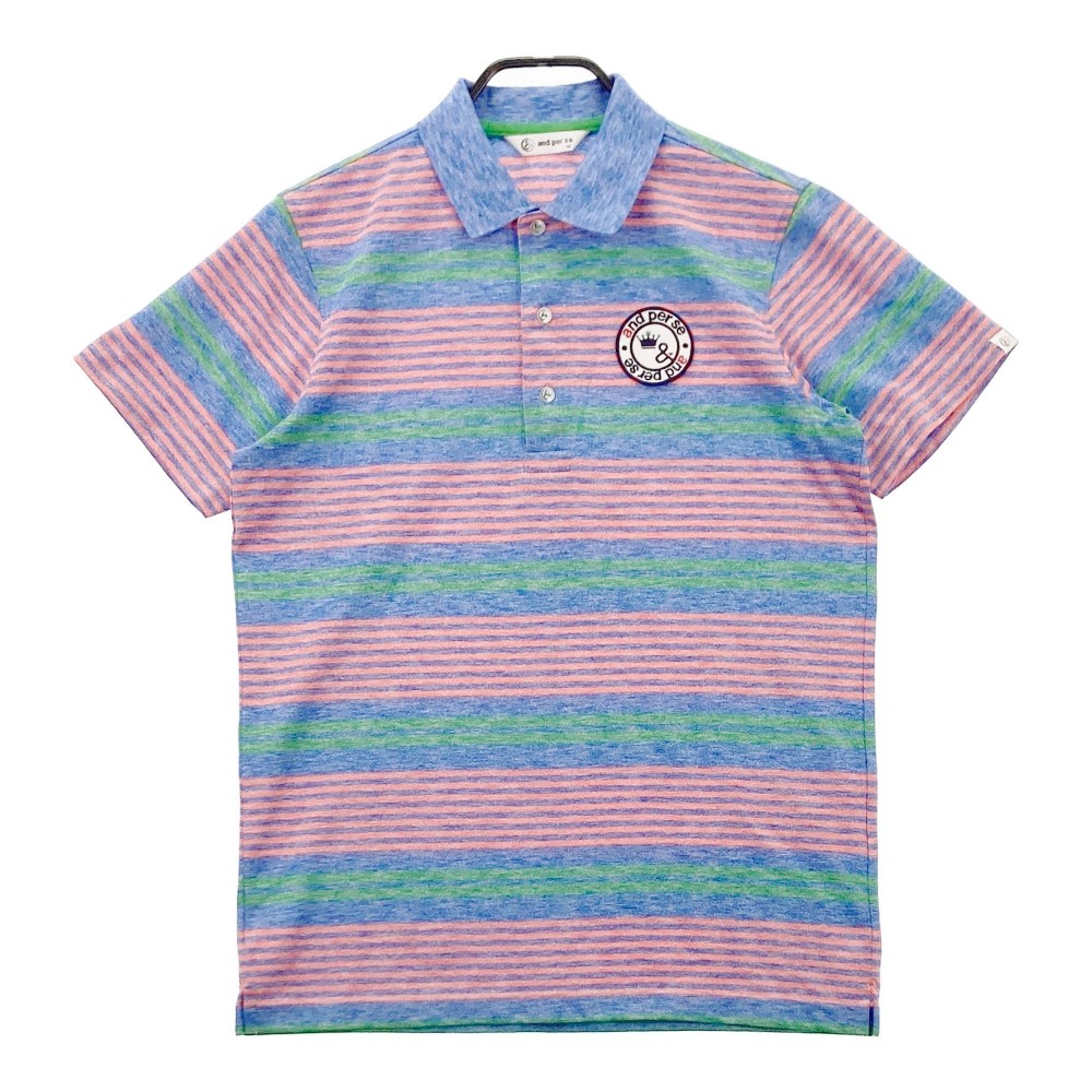 AND PER SE アンパスィ 9717MS/X7 半袖ポロシャツ ロゴ ワッペン ボーダー柄 ブルー系 M 【中古】ゴルフウェア メンズ