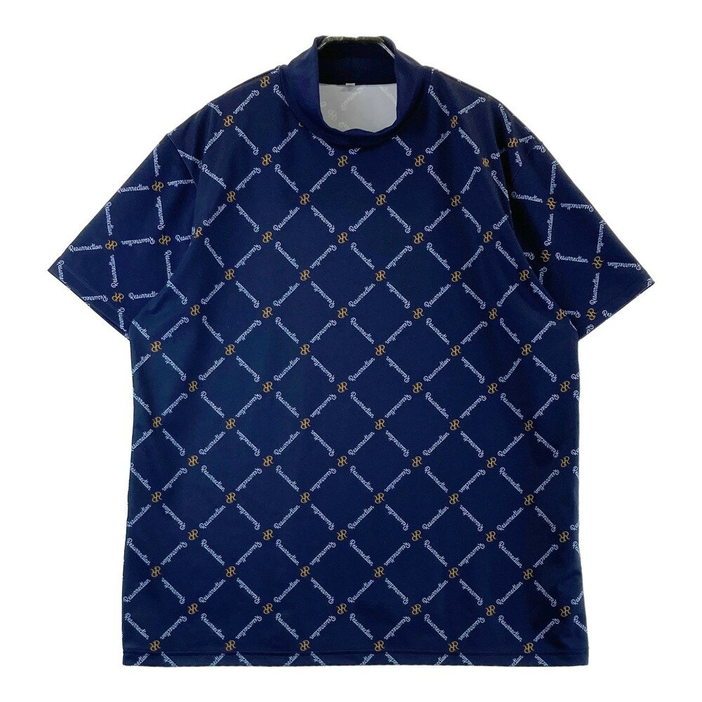 RESURRECTION レザレクション 2022年モデル ハイネック 半袖Tシャツ ロゴ 総柄 ネイビー系 XL 【中古】ゴルフウェア メンズ