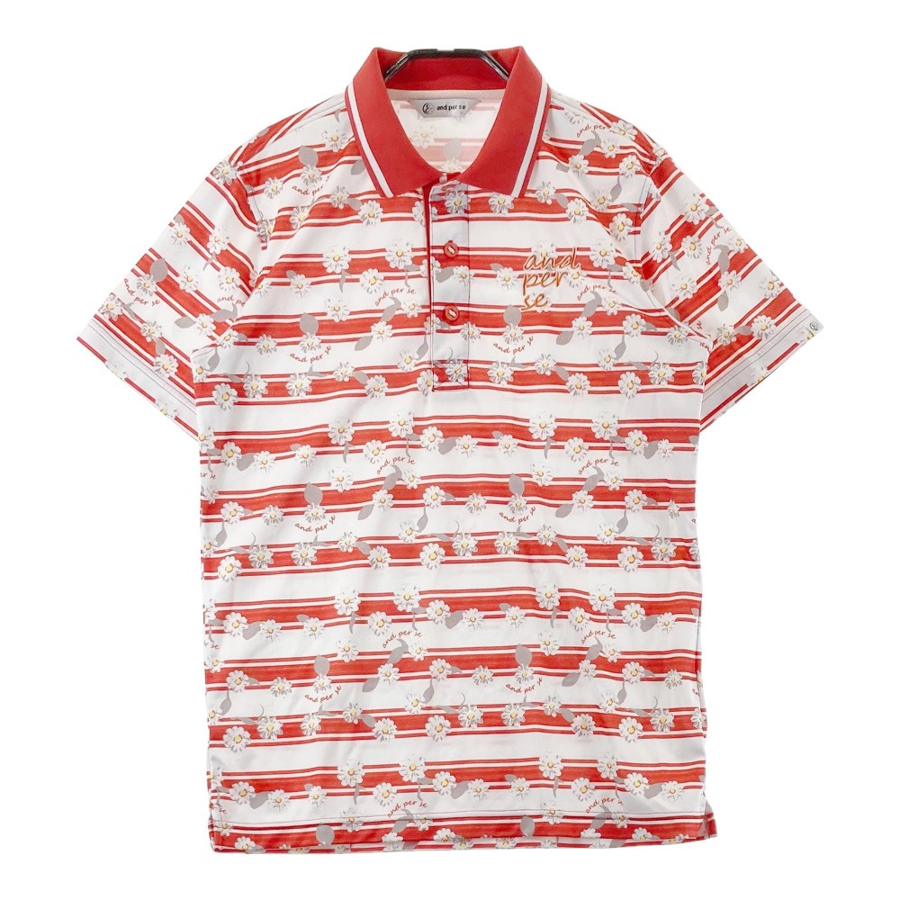 AND PER SE アンパスィ 半袖ポロシャツ 花 総柄 ボーダー柄 レッド系 L 【中古】ゴルフウェア メンズ