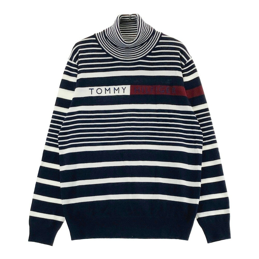 TOMMY HILFIGER GOLF トミー ヒルフィガーゴルフ タートルネック 長袖ニットセーター ボーダー柄 ネイビー系 LL 【中古】ゴルフウェア メンズ