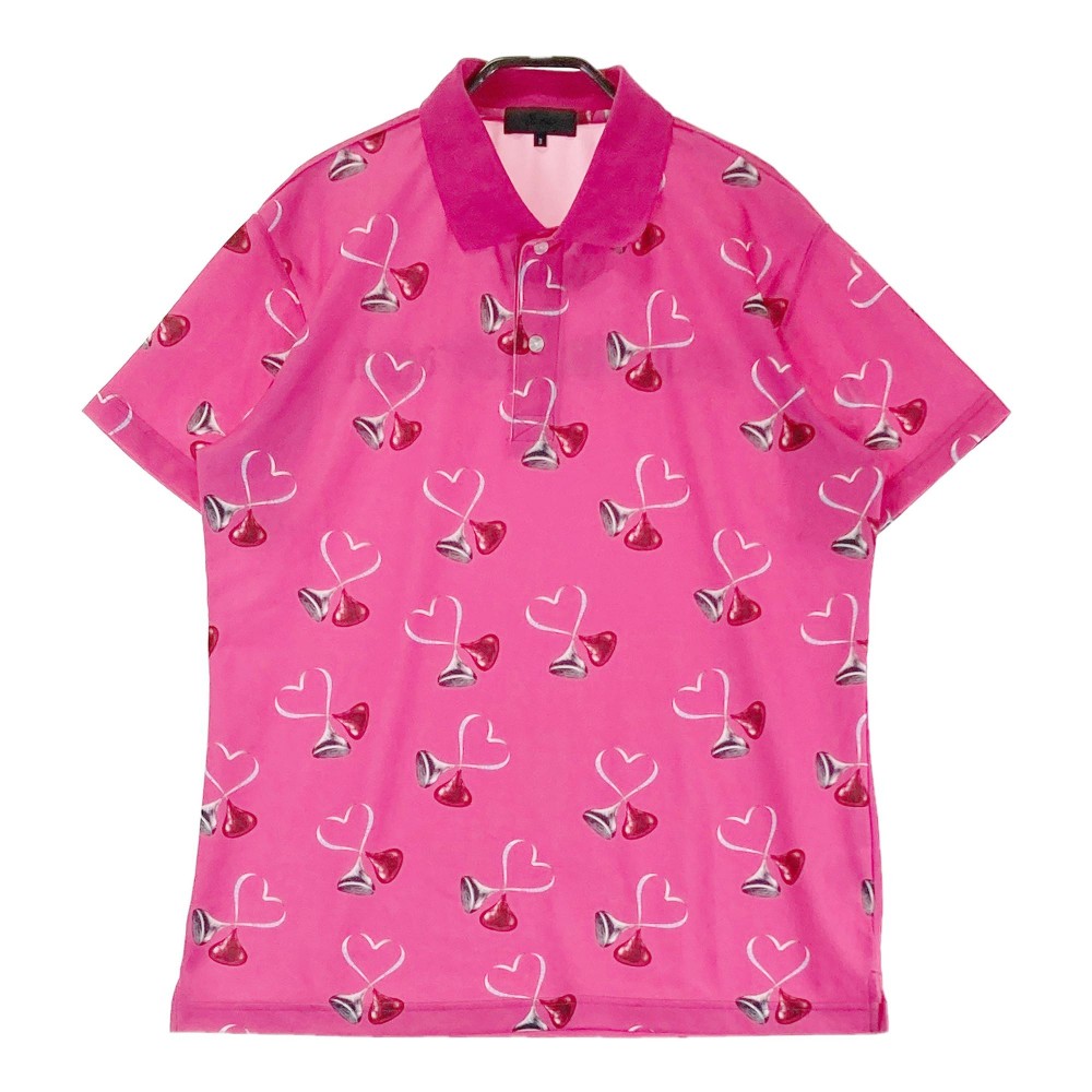 DANCE WITH DRAGON ダンスウィズドラゴン KISSES 半袖ポロシャツ 総柄 ピンク系 3 【中古】ゴルフウェア メンズ