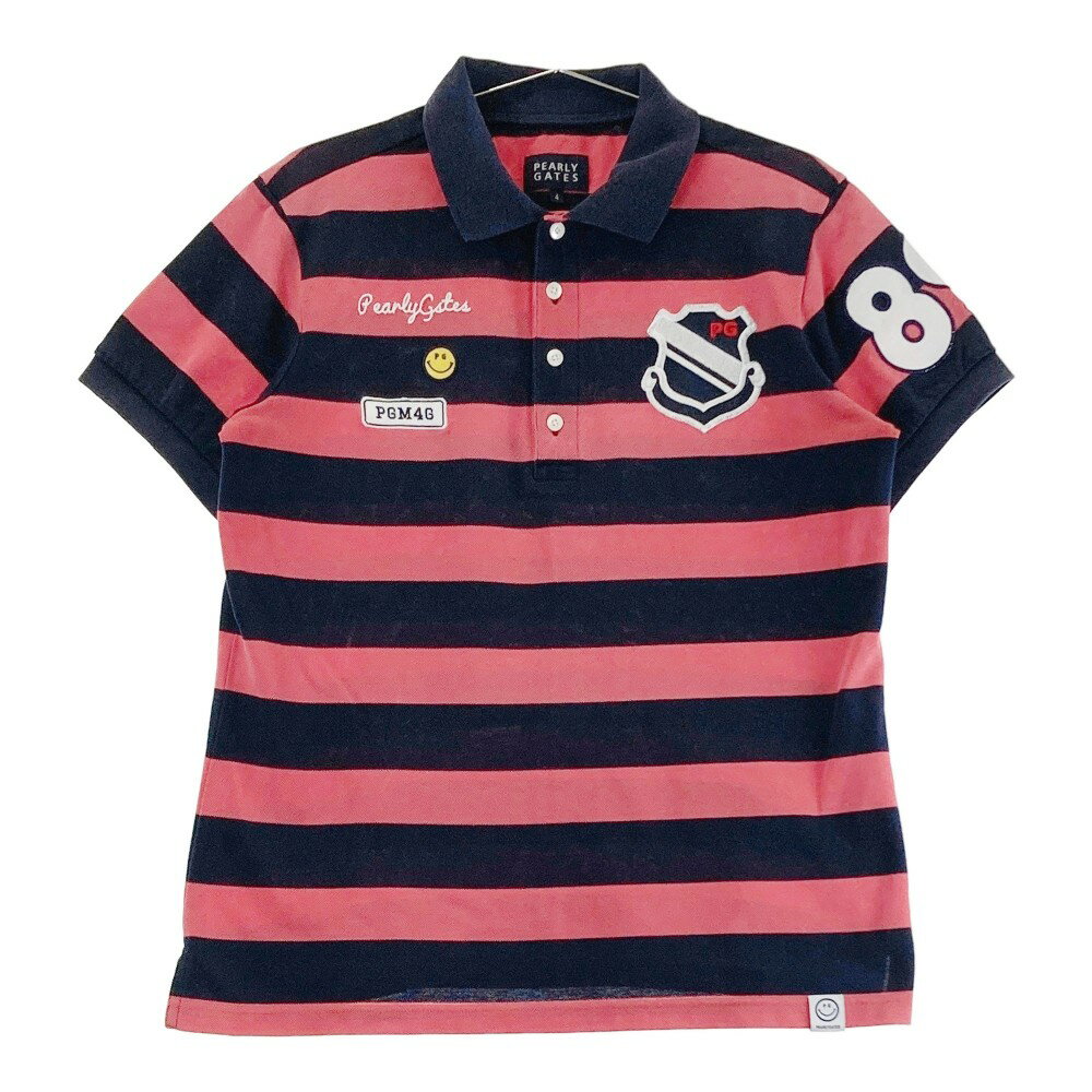PEARLY GATES パーリーゲイツ 半袖ポロシャツ ニコちゃん ボーダー柄 レッド系 4 【中古】ゴルフウェア メンズ