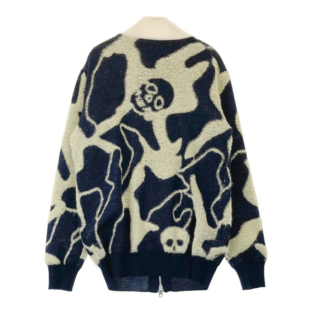MARK&LONA マークアンドロナ モヘヤ混 ニットジップジャケット スカル総柄 ネイビー系 L 【中古】ゴルフウェア メンズ