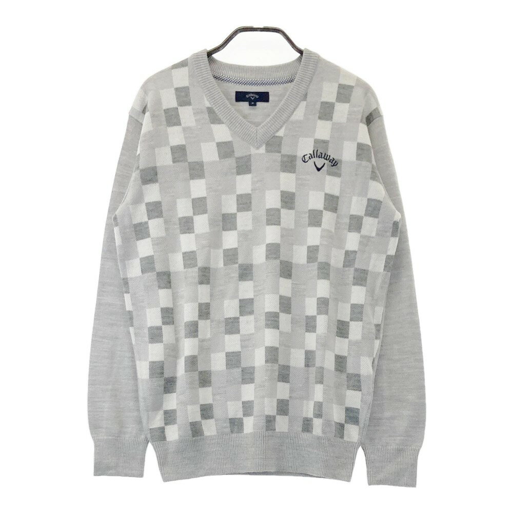 CALLAWAY キャロウェイ フロント刺繍 長袖ニットセーター ブロックチェック柄 グレー系 M 【中古】ゴルフウェア メンズ
